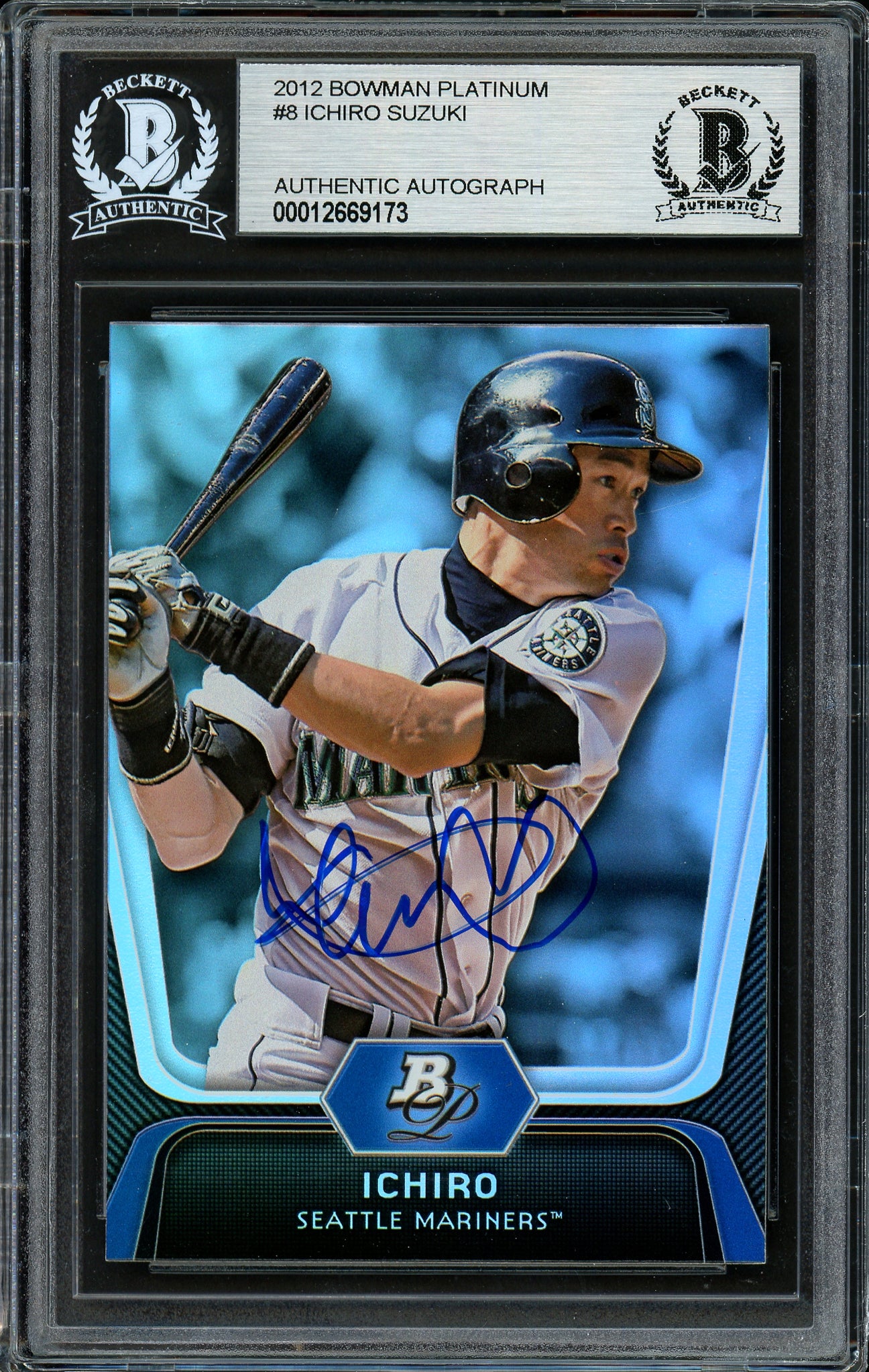 Ichiro Suzuki Autographed 2012 Bowman Platinum Card #8 Seattle Mariners Beckett BAS Stock #191343