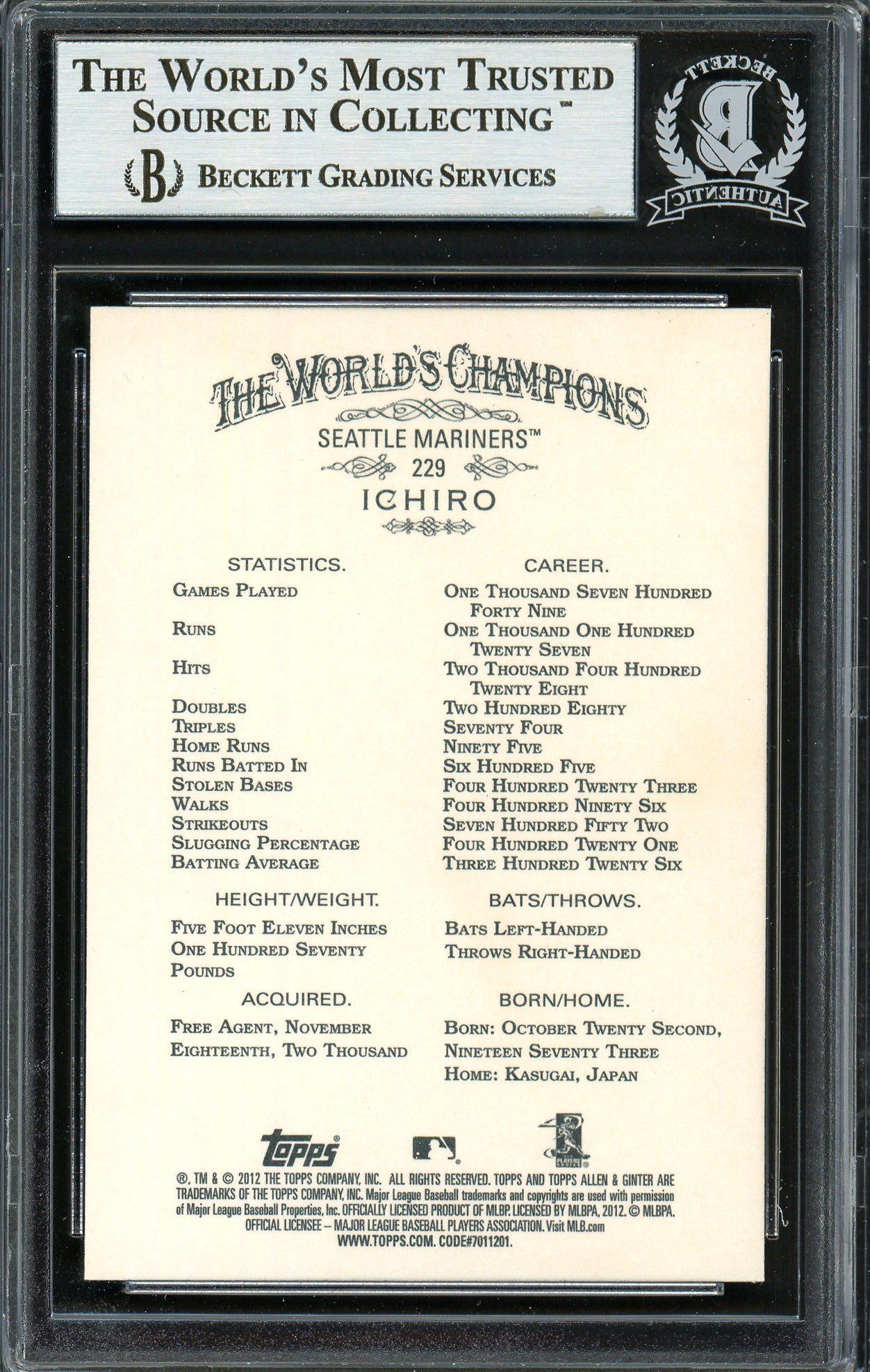 Ichiro Suzuki Autographed 2012 Topps Allen & Ginter Card #229 Seattle Mariners Beckett BAS Stock #191356