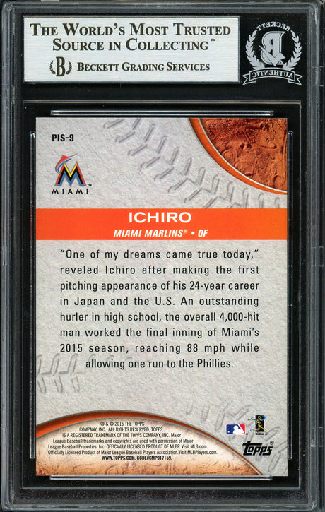Ichiro Suzuki Autographed 2016 Topps Pressed Into Service Card #PIS-9 Miami Marlins Beckett BAS #12667986