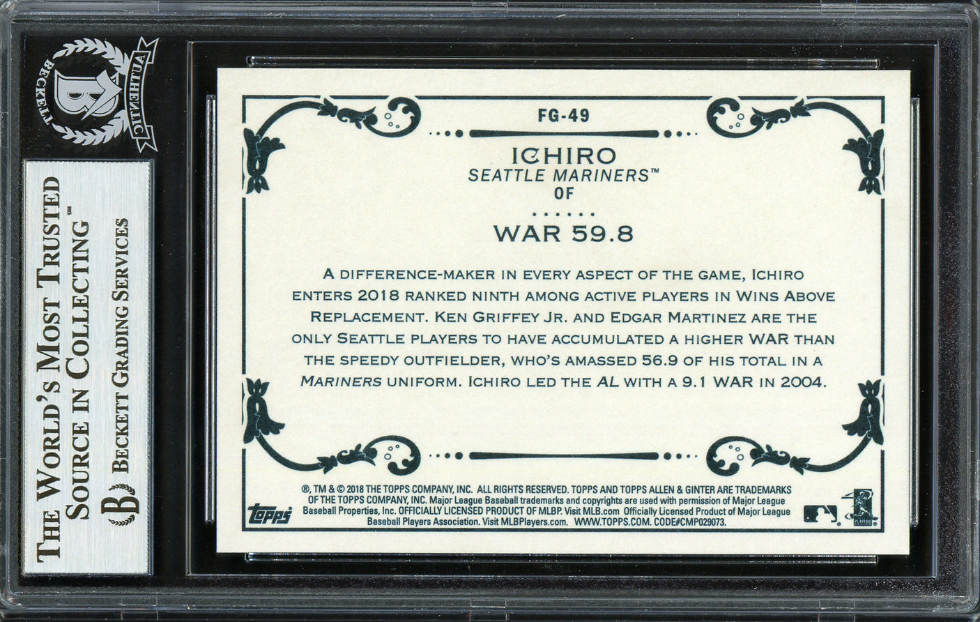 Ichiro Suzuki Autographed 2018 Topps Allen & Ginter Fantasy Goldmine Card #FG-49 Seattle Mariners Beckett BAS Stock #191394