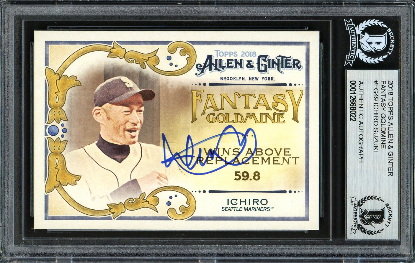 Ichiro Suzuki Autographed 2018 Topps Allen & Ginter Fantasy Goldmine Card #FG-49 Seattle Mariners Beckett BAS Stock #191394