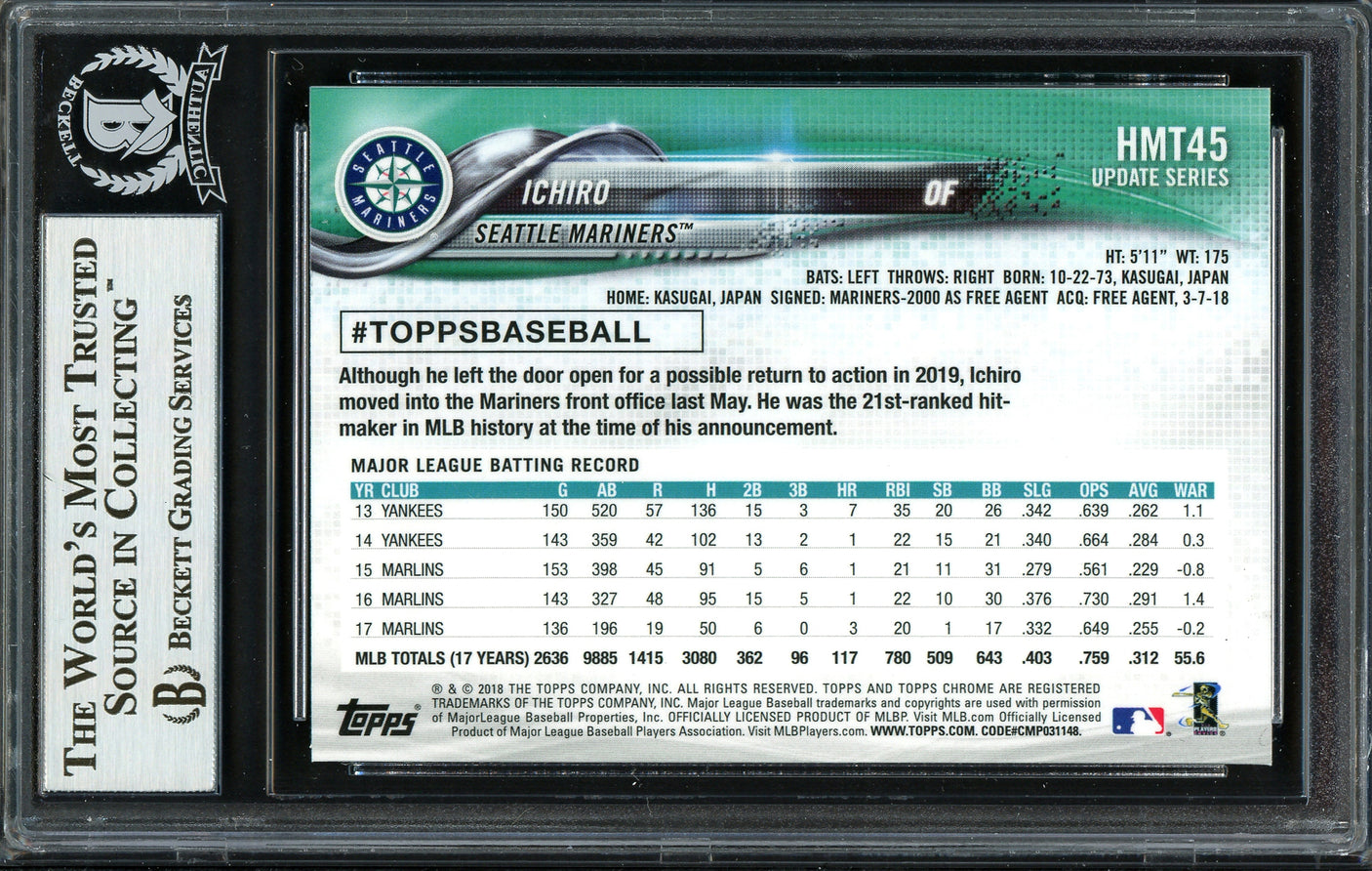 Ichiro Suzuki Autographed 2018 Topps Chrome Update Card #HMT45 Seattle Mariners Beckett BAS #12668031