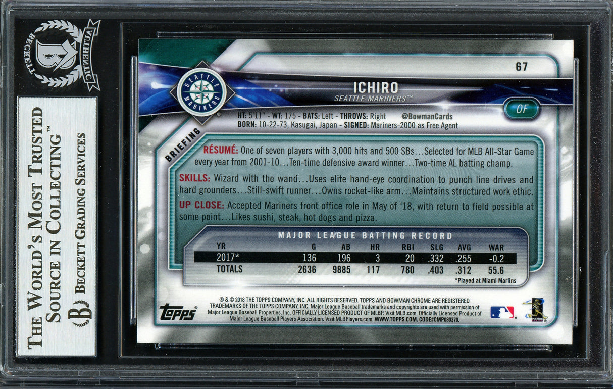 Ichiro Suzuki Autographed 2018 Bowman Chrome Card #67 Seattle Mariners Beckett BAS #12668034