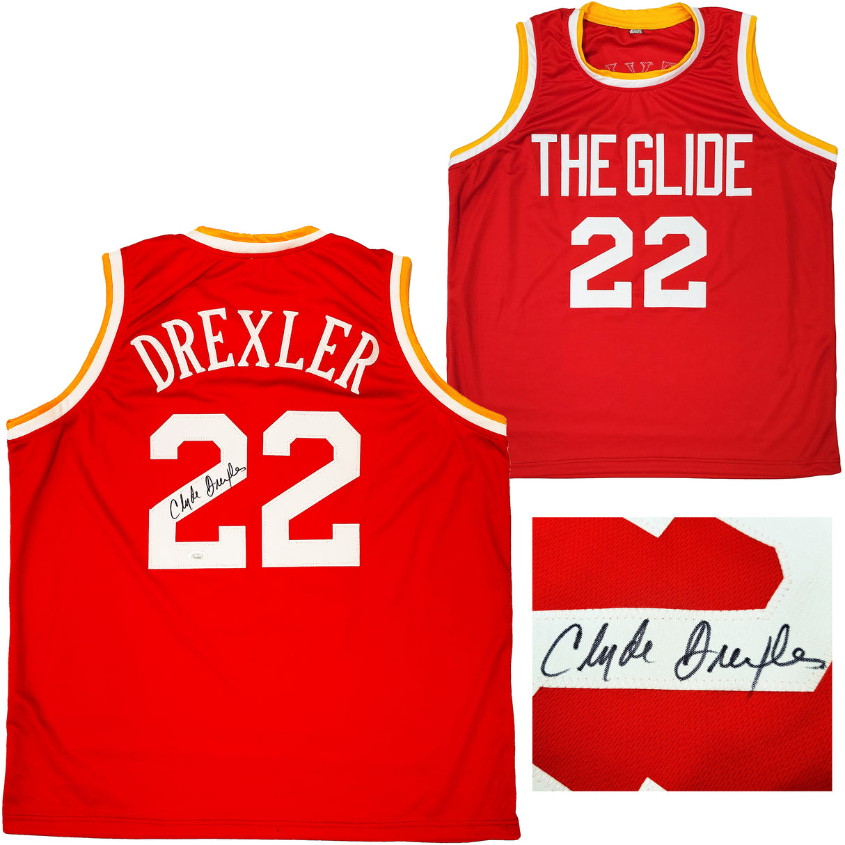 Houston Rockets Clyde Drexler Autographed Red Jersey The Glide JSA Stock #202351