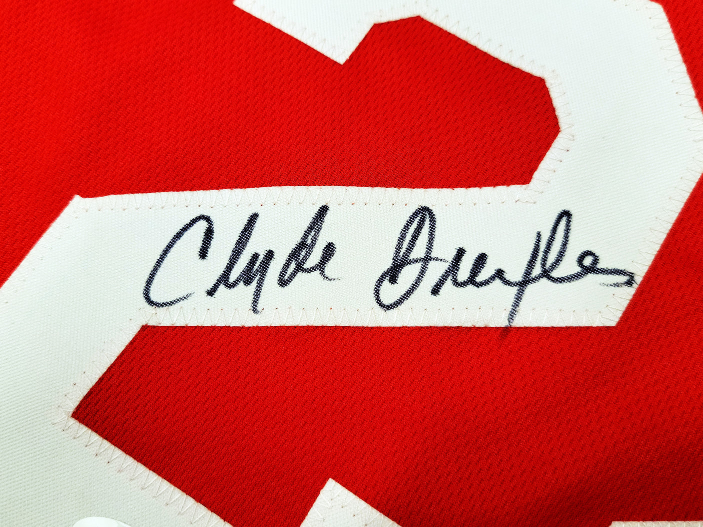 Houston Rockets Clyde Drexler Autographed Red Jersey The Glide JSA Stock #202351