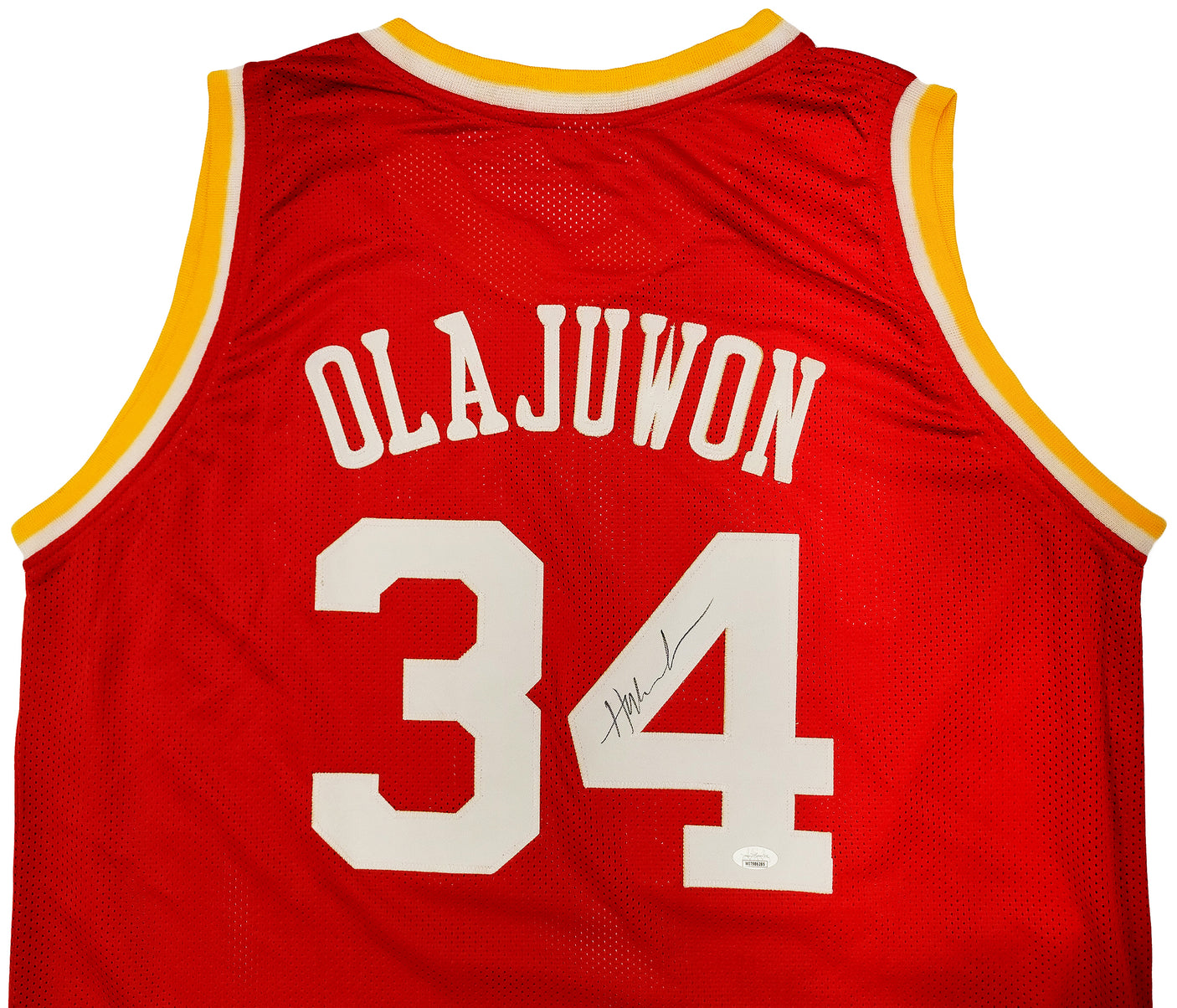 Houston Rockets Hakeem Olajuwon Autographed Red Jersey The Dream JSA Stock #202338