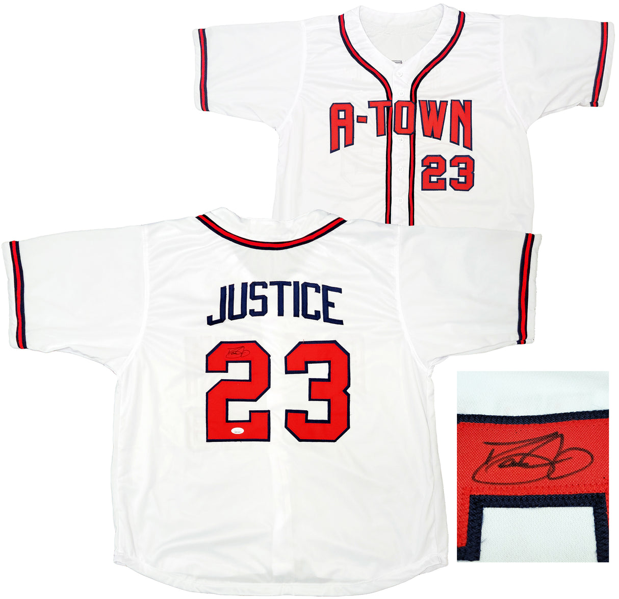 Atlanta Braves Dave Justice Autographed White Jersey A-Town JSA Stock #202343