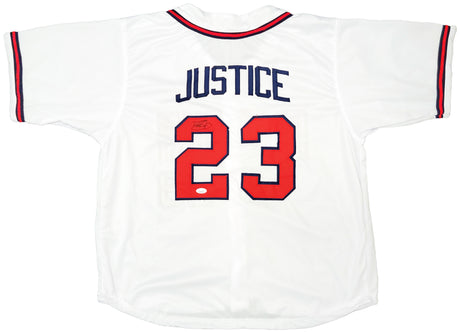 Atlanta Braves Dave Justice Autographed White Jersey A-Town JSA Stock #202343