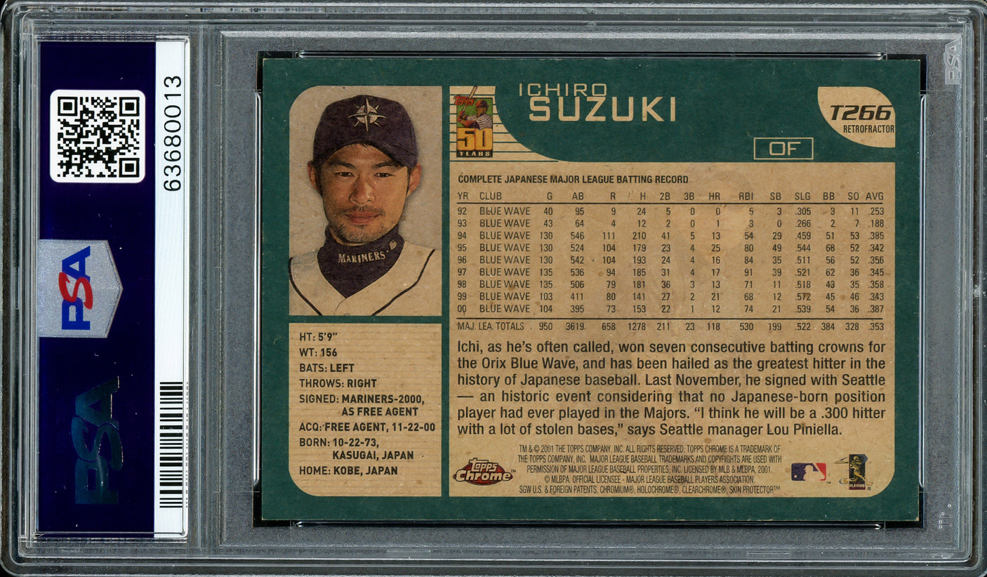 Ichiro Suzuki Autographed 2001 Topps Chrome Traded Retrofractor Rookie Card #T266 Seattle Mariners PSA 9 Auto Grade Gem Mint 10 "01 ROY MVP" PSA/DNA #63680013