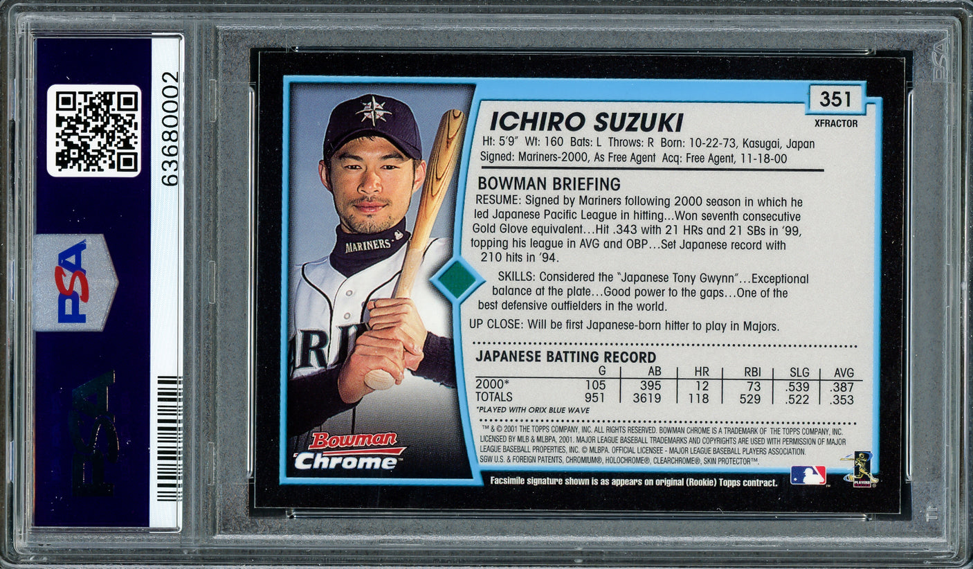 Ichiro Suzuki Autographed 2001 Bowman Chrome XFractor Rookie Card #351 Seattle Mariners PSA 9 Auto Grade Gem Mint 10 "01 ROY MVP" Highest Graded PSA/DNA #63680002
