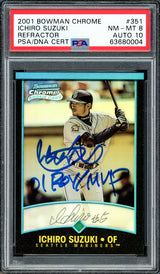 Ichiro Suzuki Autographed 2001 Bowman Chrome Refractor Rookie Card #351 Seattle Mariners PSA 8 Auto Grade Gem Mint 10 "01 ROY MVP" PSA/DNA #63680004