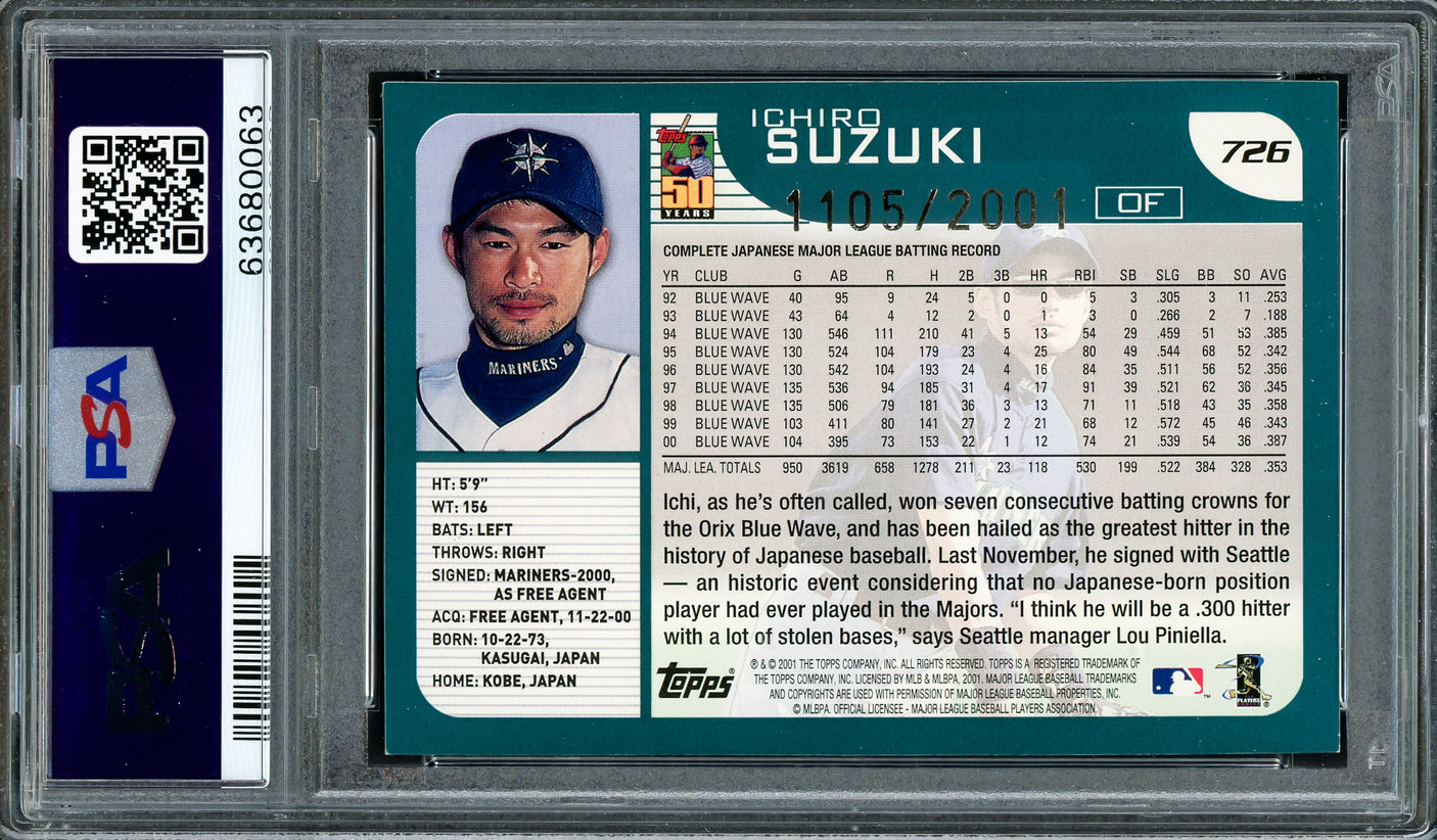 Ichiro Suzuki Autographed 2001 Topps Gold Rookie Card #726 Seattle Mariners PSA 8.5 Auto Grade Gem Mint 10 "01 ROY MVP" PSA/DNA #63680063