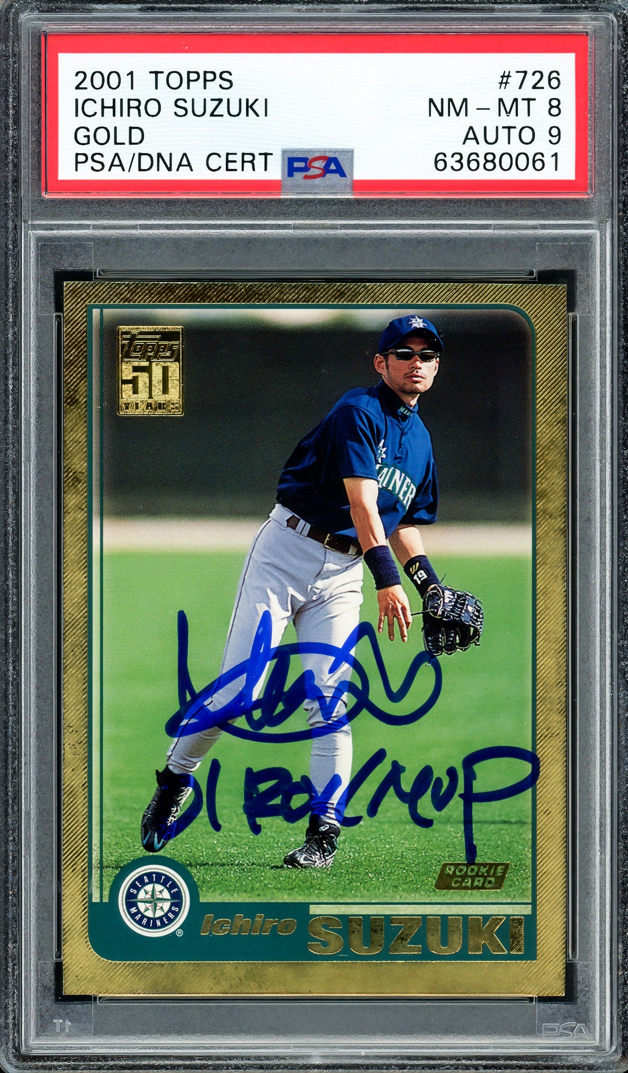 Ichiro Suzuki Autographed 2001 Topps Gold Rookie Card #726 Seattle Mariners PSA 8 Auto Grade Mint 9 "01 ROY MVP" PSA/DNA #63680061