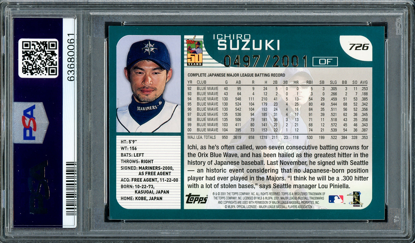 Ichiro Suzuki Autographed 2001 Topps Gold Rookie Card #726 Seattle Mariners PSA 8 Auto Grade Mint 9 "01 ROY MVP" PSA/DNA #63680061