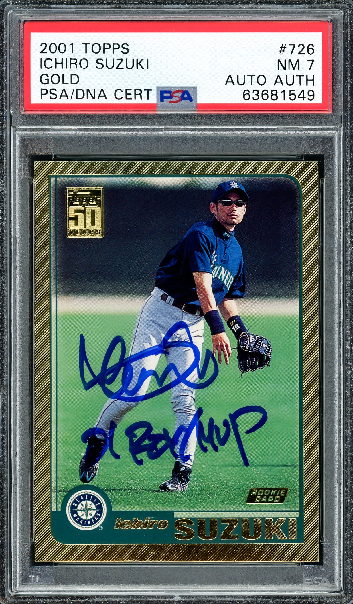 Ichiro Suzuki Autographed 2001 Topps Gold Rookie Card #726 Seattle Mariners PSA 7 "01 ROY MVP" PSA/DNA #63681549