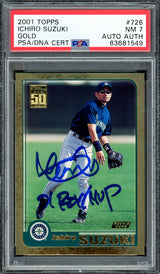 Ichiro Suzuki Autographed 2001 Topps Gold Rookie Card #726 Seattle Mariners PSA 7 "01 ROY MVP" PSA/DNA #63681549