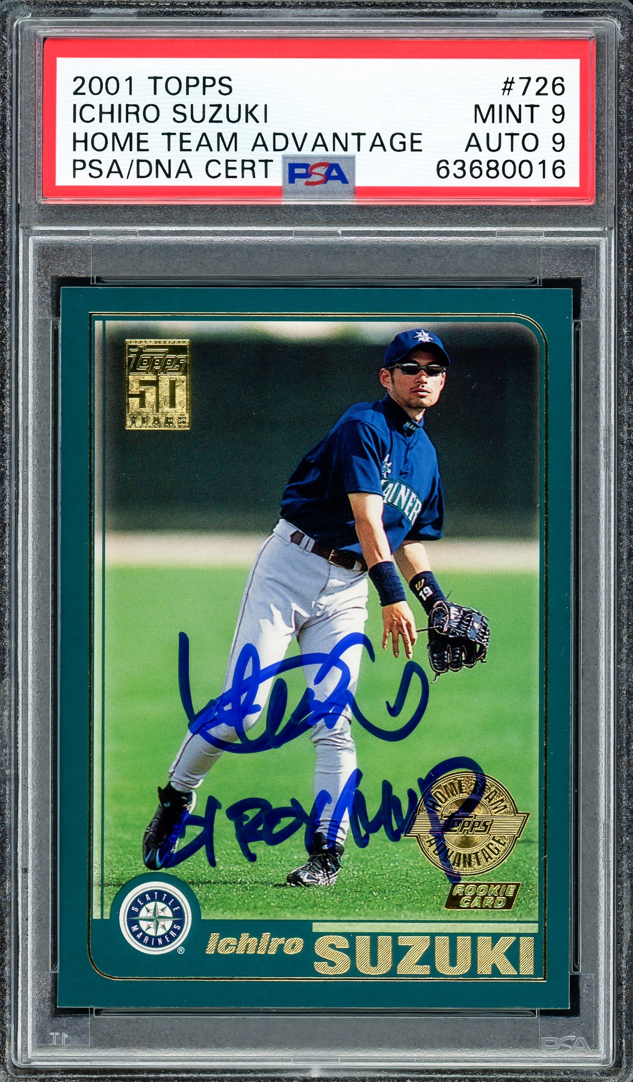 Ichiro Suzuki Autographed 2001 Topps Home Team Advantage Rookie Card #726 Seattle Mariners PSA 9 Auto Grade Mint 9 "01 ROY MVP" PSA/DNA #63680016