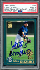 Ichiro Suzuki Autographed 2001 Topps Home Team Advantage Rookie Card #726 Seattle Mariners PSA 9 Auto Grade Mint 9 "01 ROY MVP" PSA/DNA #63680016