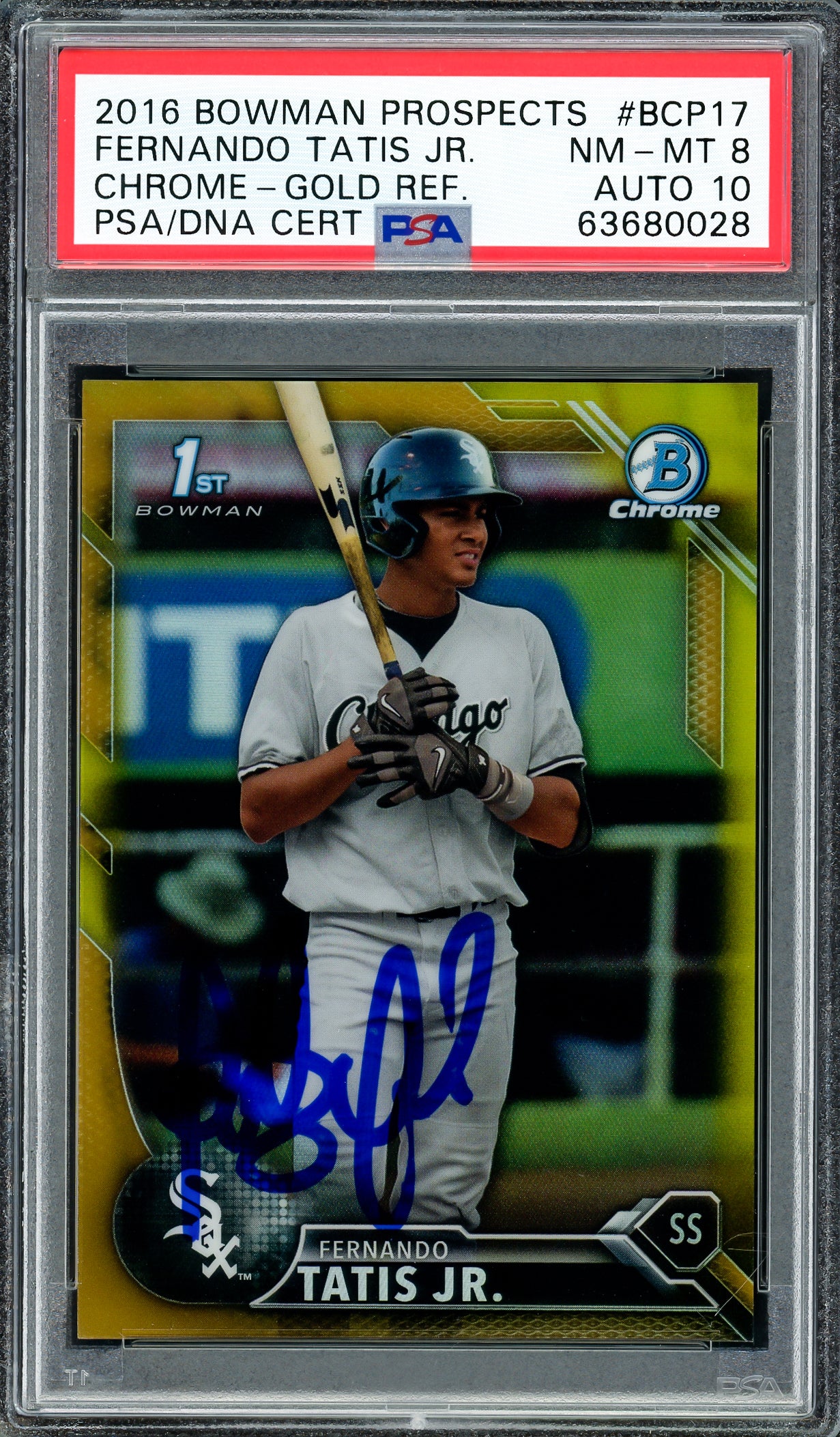 Fernando Tatis Jr. Autographed 2016 Bowman Prospects Chrome Gold Refractor Rookie Card #BCP17 San Diego Padres PSA 8 Auto Grade Gem Mint 10 #/50 PSA/DNA #63680028