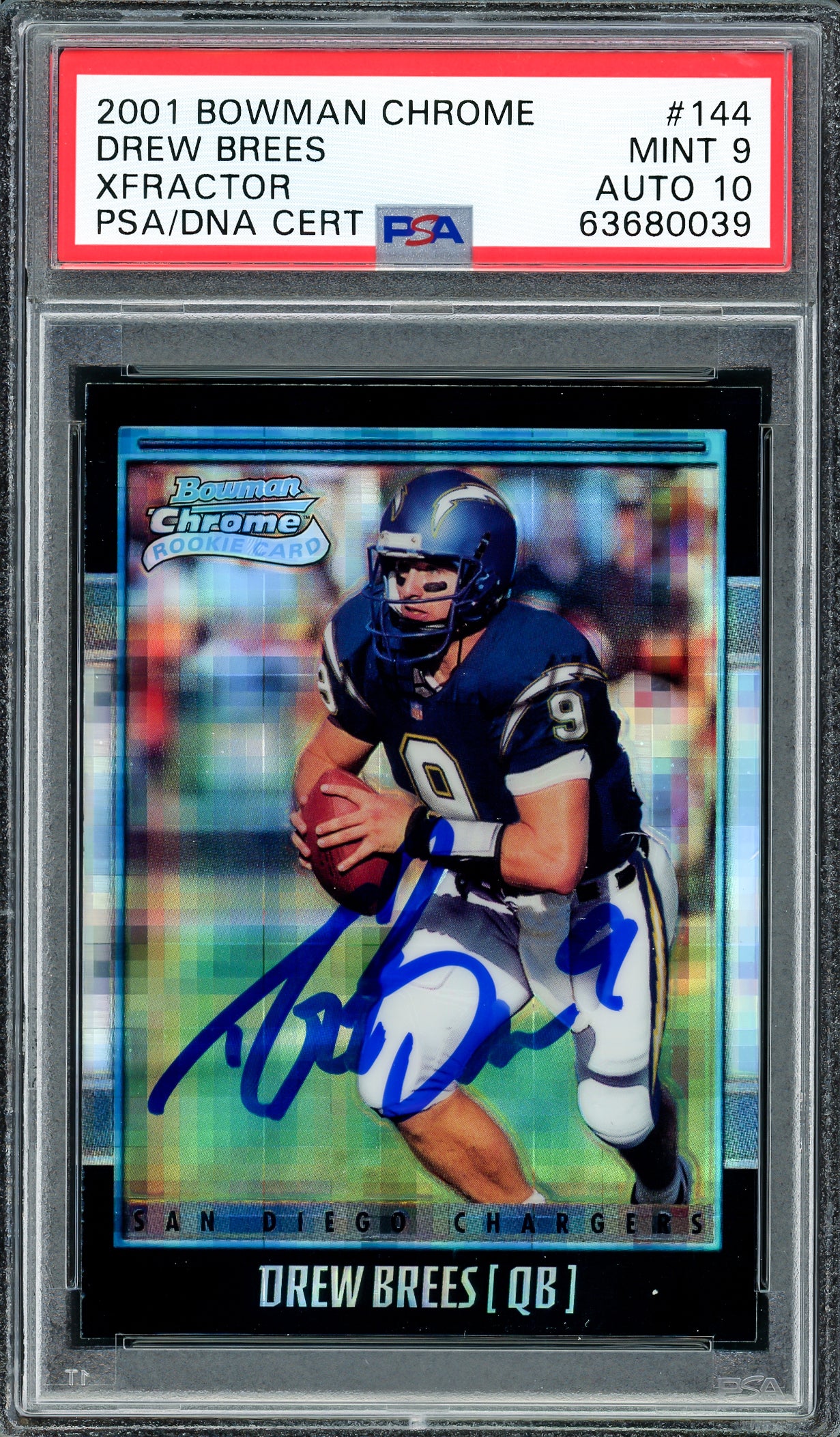 Drew Brees Autographed 2001 Bowman Chrome XFractor Rookie Card #144 New Orleans Saints PSA 9 Auto Grade Gem Mint 10 Highest Graded PSA/DNA #63680039