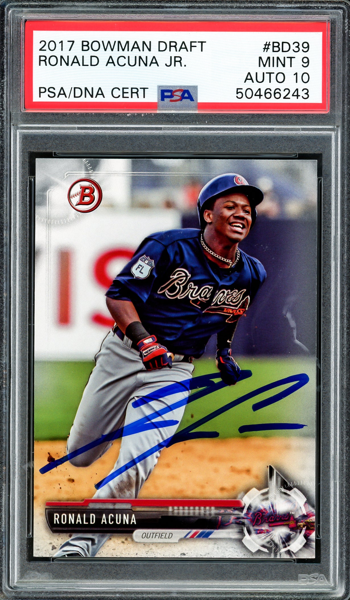 Ronald Acuna Jr. Autographed 2017 Bowman Draft Rookie Card #BD39 Atlanta Braves PSA 9 Auto Grade Gem Mint 10 PSA/DNA #50466243