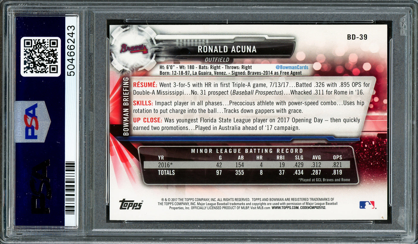 Ronald Acuna Jr. Autographed 2017 Bowman Draft Rookie Card #BD39 Atlanta Braves PSA 9 Auto Grade Gem Mint 10 PSA/DNA #50466243