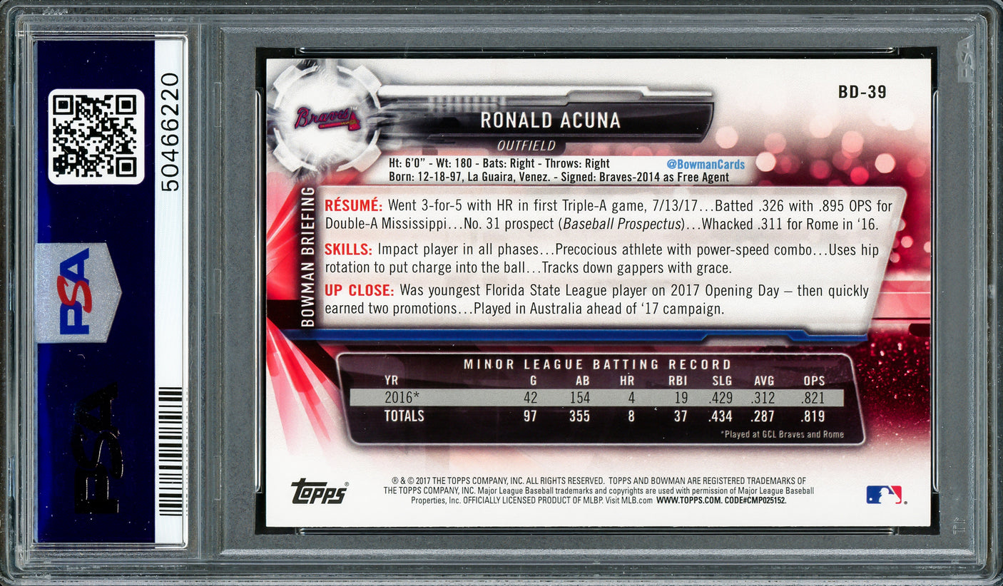 Ronald Acuna Jr. Autographed 2017 Bowman Draft Rookie Card #BD39 Atlanta Braves PSA 9 Auto Grade Mint 9 PSA/DNA #50466220