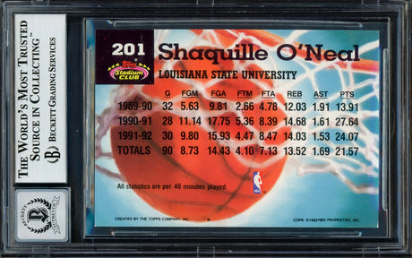 Shaquille Shaq O'Neal Autographed 1992 Stadium Club Rookie Card #201 Orlando Magic Auto Grade Gem Mint 10 Beckett BAS #13315031