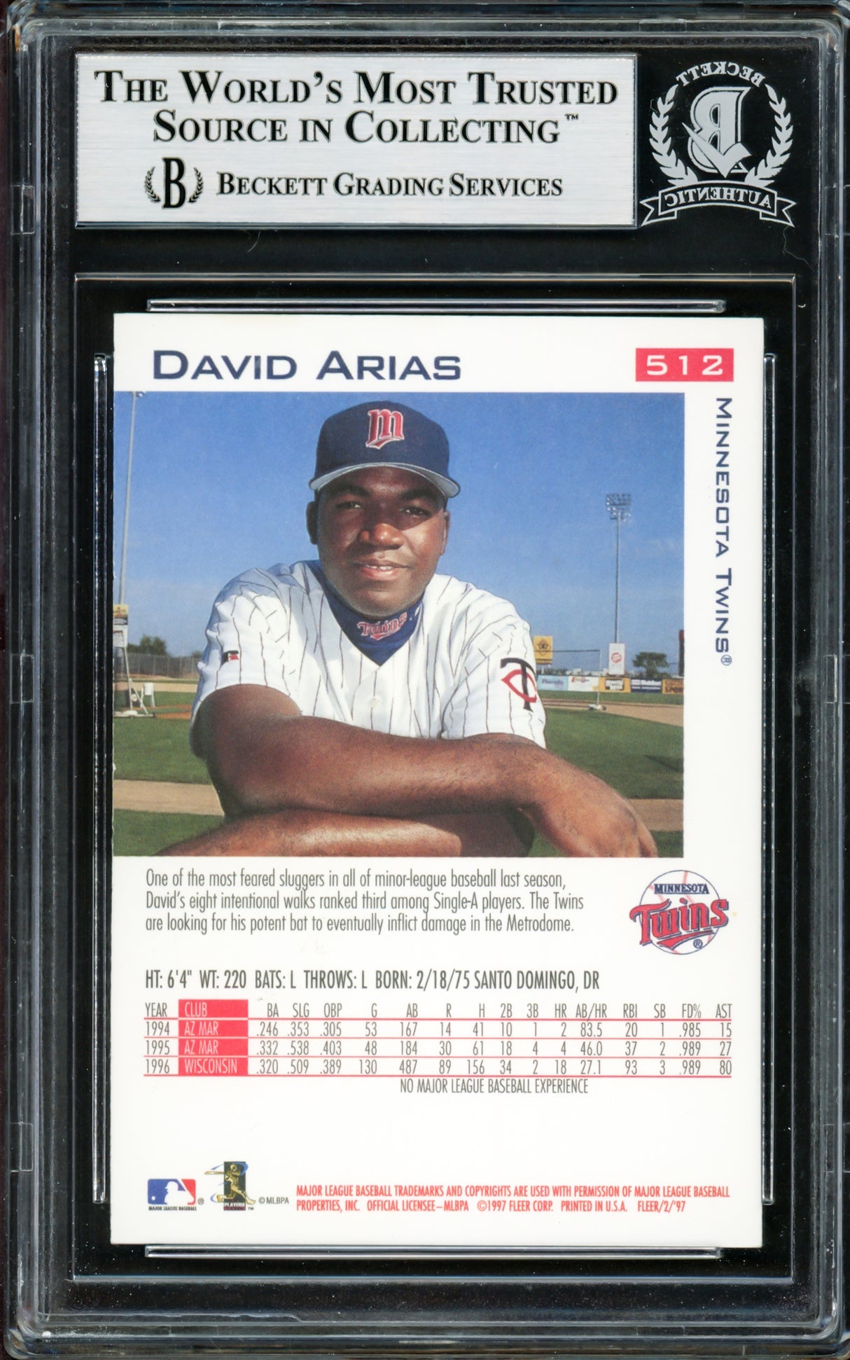 David Ortiz Autographed 1997 Fleer Rookie Card #512 Boston Red Sox Beckett BAS #14066099