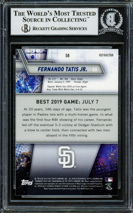 Fernando Tatis Jr. Autographed 2019 Bowman's Best Refractor Rookie Card #58 San Diego Padres Beckett BAS #14066118