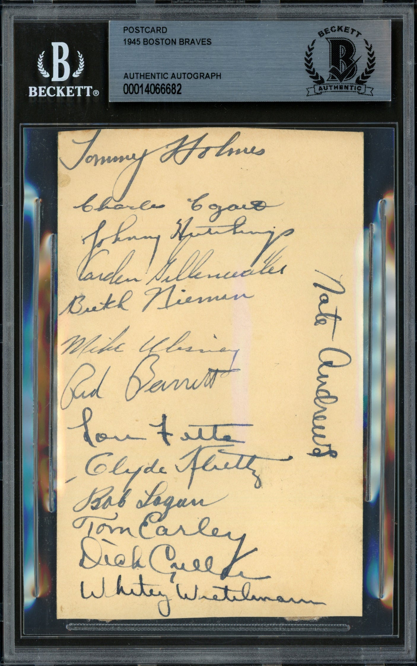 1945 Boston Braves Autographed 3.25x5.5 Government Postcard With 14 Signatures Beckett BAS #14066682