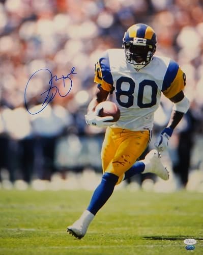 Isaac Bruce Autographed Rams 16x20 Vertical Running White Jersey Photo- JSA Auth