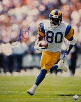 Isaac Bruce Autographed Rams 16x20 Vertical Running White Jersey Photo- JSA Auth