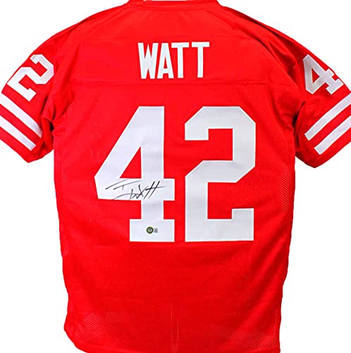 TJ Watt Autographed Red College Style Jersey- Beckett W Hologram *Black