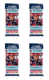 A Lot of (4) 2021 Panini Chronicles NFL Value Sealed Football Trading Card Packs from Sports Integrity are displayed in a two-by-two grid, each pack showing football players in action on the front.