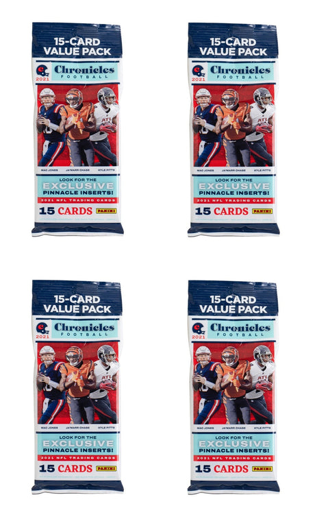 A Lot of (4) 2021 Panini Chronicles NFL Value Sealed Football Trading Card Packs from Sports Integrity are displayed in a two-by-two grid, each pack showing football players in action on the front.