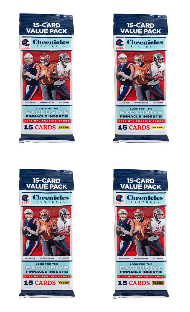 A Lot of (4) 2021 Panini Chronicles NFL Value Sealed Football Trading Card Packs from Sports Integrity are displayed in a two-by-two grid, each pack showing football players in action on the front.