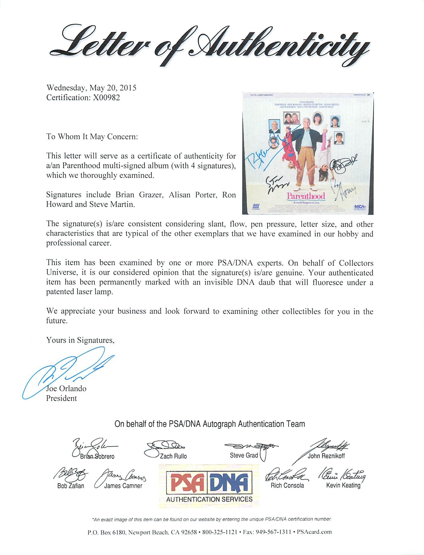 Parenthood Cast (4) Martin, Howard, Grazer & Porter Signed Laserdisc Cover PSA