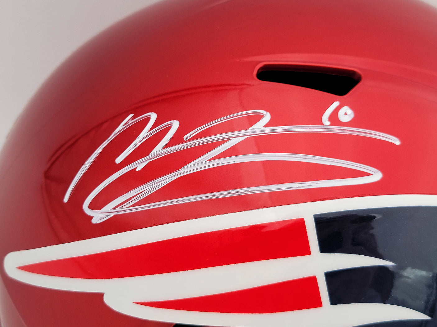 Mac Jones Autographed New England Patriots Flash Red Full Size Replica Speed Helmet Beckett BAS QR Stock #202962