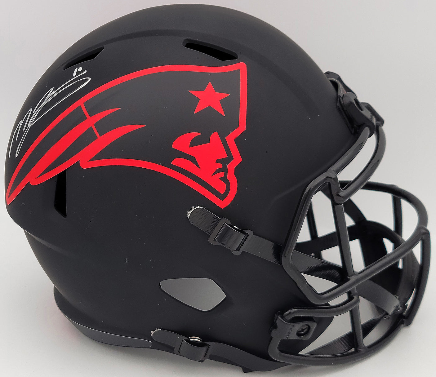 Mac Jones Autographed New England Patriots Eclipse Black Full Size Replica Speed Helmet Beckett BAS QR Stock #202964