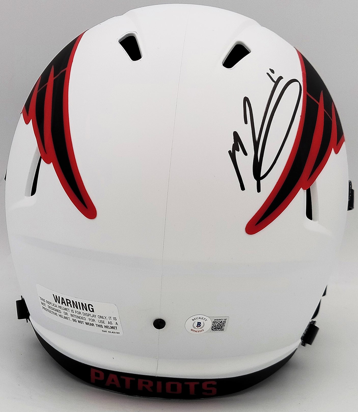 Mac Jones Autographed New England Patriots Lunar Eclipse White Full Size Replica Speed Helmet Beckett BAS QR Stock #202966