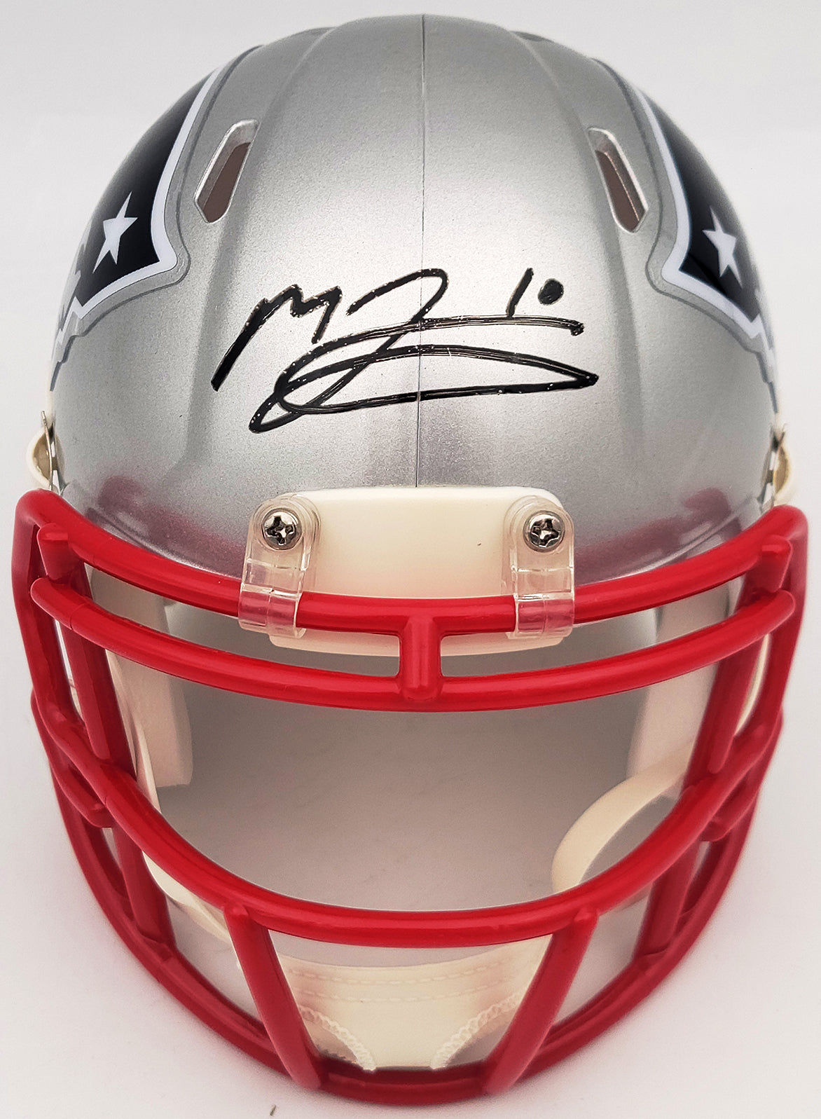 Mac Jones Autographed New England Patriots Silver Speed Mini Helmet Beckett BAS QR Stock #202971
