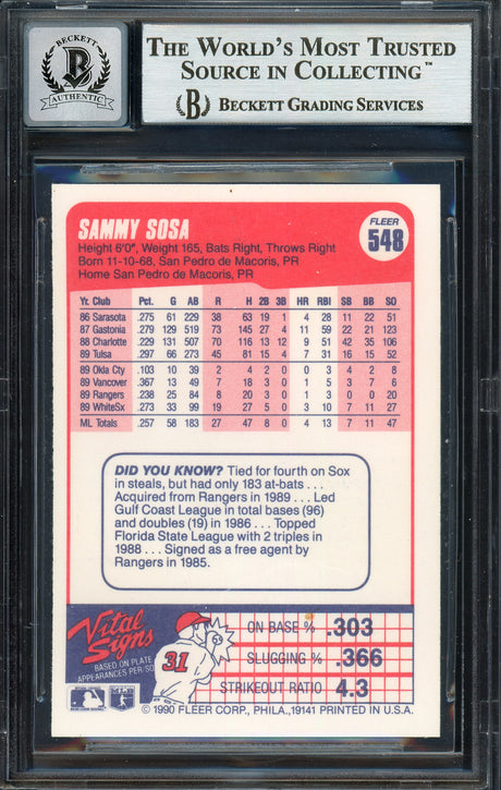 Sammy Sosa Autographed 1990 Fleer Rookie Card #548 Chicago White Sox Auto Grade Gem Mint 10 "Slammin Sammy" Beckett BAS Stock #192894