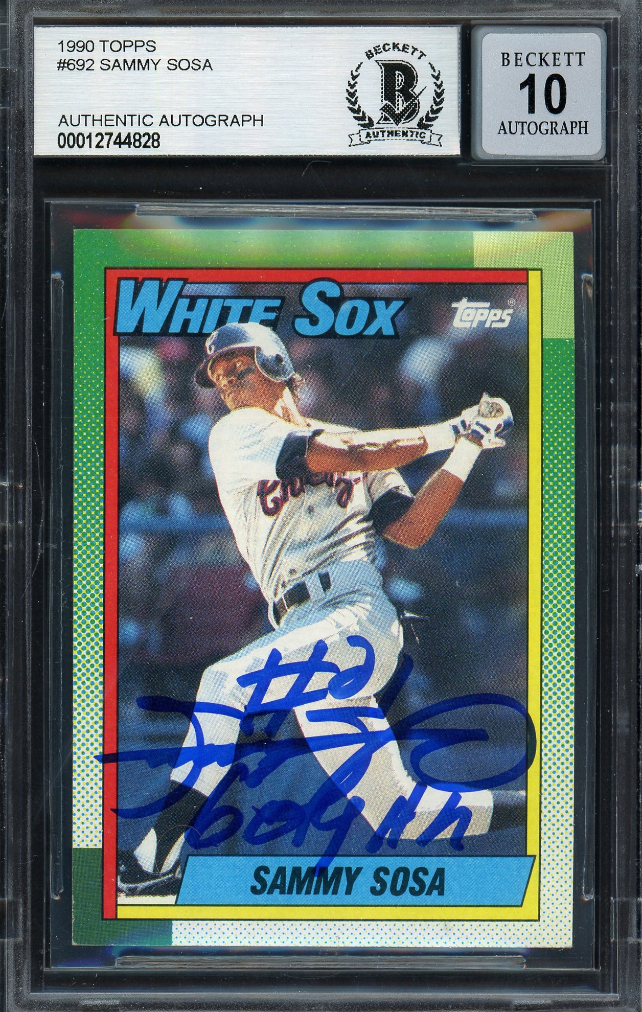 Sammy Sosa Autographed 1990 Topps Rookie Card #692 Chicago White Sox Auto Grade Gem Mint 10 "609 HR" Beckett BAS Stock #192899