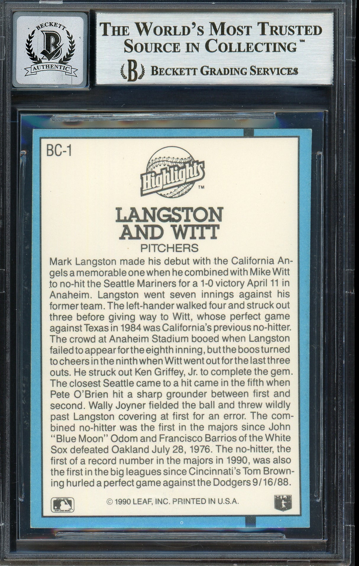 Mark Langston & Mike Witt Autographed 1991 Donruss Card #BC-1 California Angels Auto Grade Gem Mint 10 Beckett BAS #12744983