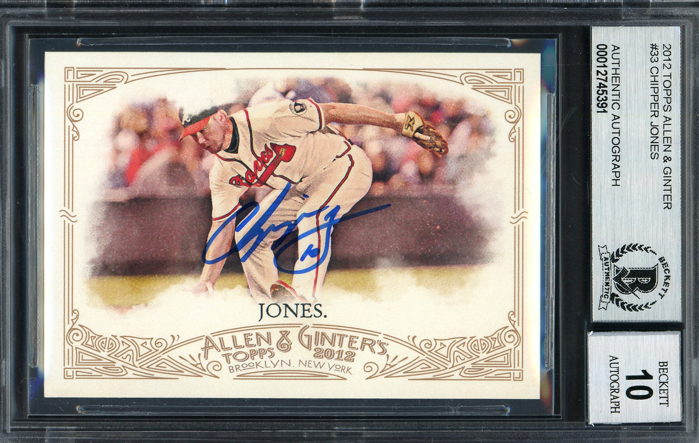 Chipper Jones Autographed 2012 Topps Allen & Ginter Card #33 Atlanta Braves Auto Grade Gem Mint 10 Beckett BAS #12745391