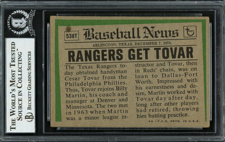 Cesar Tovar Autographed 1974 Topps Traded Card #538T Texas Rangers Beckett BAS #12749764