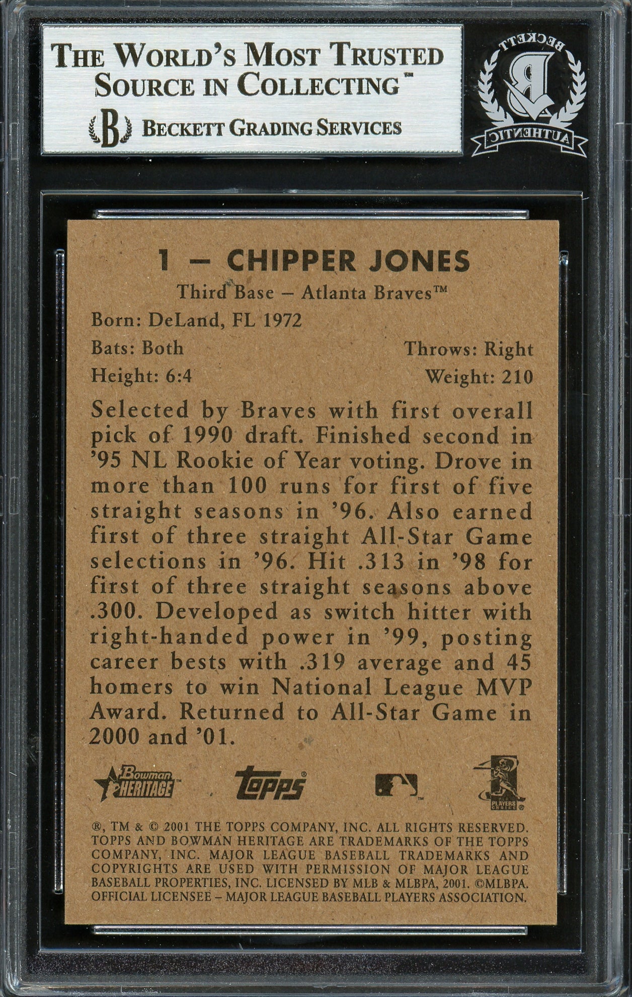 Chipper Jones Autographed 2001 Bowman Heritage Card #1 Atlanta Braves Beckett BAS #12750505