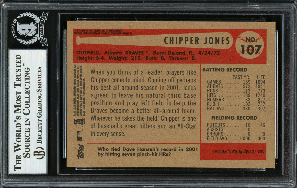 Chipper Jones Autographed 2002 Bowman Heritage Black Box Card #107 Atlanta Braves Beckett BAS Stock #193080