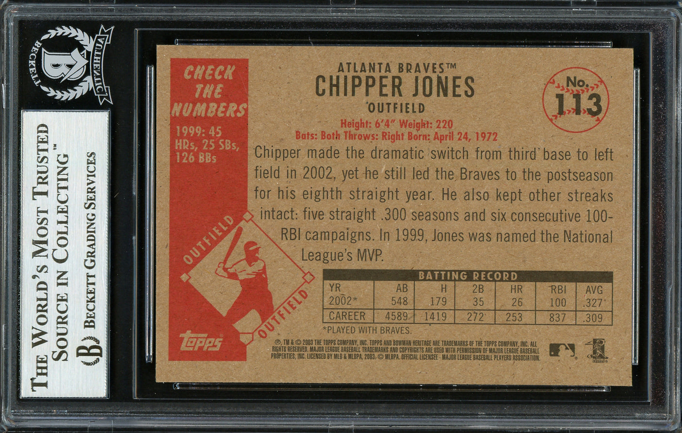 Chipper Jones Autographed 2003 Bowman Heritage Card #113 Atlanta Braves Beckett BAS #12750515